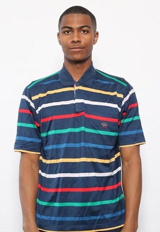 VINTAGE PAUL & SHARK STRIPED LOGO POLO SHIRT BLUE YELLOW RED