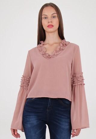 PINK BLUSH V NECK FRILL BELL SLEEVE TOP