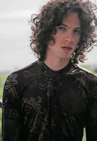 MENS BLACK PAISLEY VELVET RETRO MOD KAFTAN SHIRT