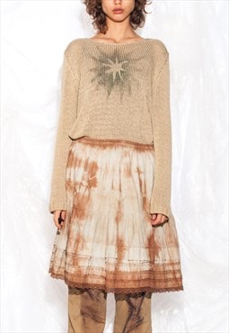 Vintage 70s Tiered Midi Skirt in Brown Tie-Dyed Reworked