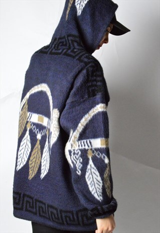 VINTAGE 70S NAVY BLUE DERAM CATCHER AZTEC WOOL JACKET