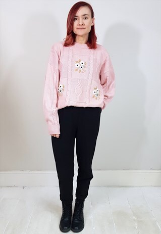 VINTAGE 90'S PINK FLORAL EMBROIDERED OVERSIZED JUMPER