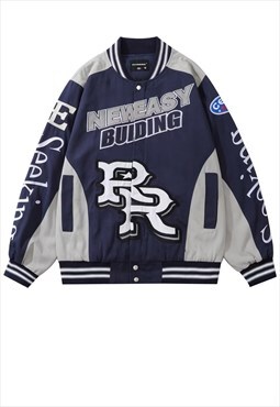 Retro racing jacket grunge Letterman college bomber in blue