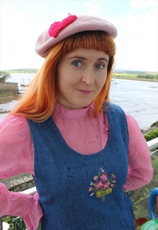 VINTAGE 90S DENIM PINAFORE DRESS WITH PINK FLORAL EMBROIDERY