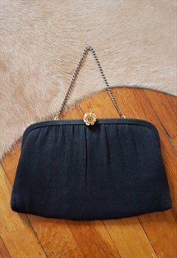 After Five 1960s Black Evening Bag with Gold Rose Closure