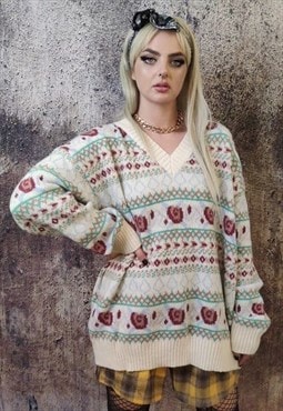 Rose print crewneck sweater floral jumper 90s stripe top 