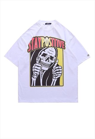 SKELETON T-SHIRT RETRO THUMBS UP TEE BONES TOP IN WHITE