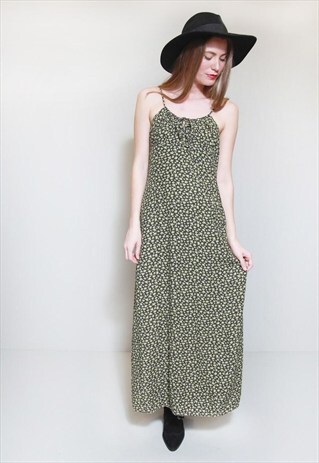 VINTAGE 1970'S GREEN DITSY PRINT MAXI DRESS