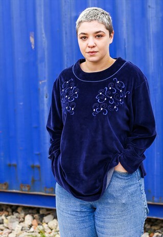 NAVY BLUE VELVET EMBROIDERED JUMPER