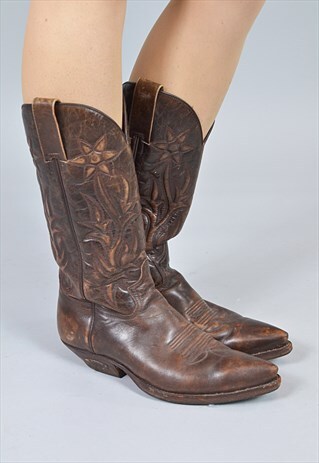 VINTAGE MAHOGANY BROWN LEATHER COWBOY BOOTS