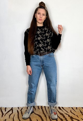 VINTAGE 80'S BLACK & GOLD EMBROIDERED ROSE JUMPER