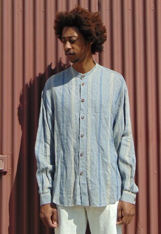 90S LUXURY VERTICAL STRIPE LINEN ROUND COLLAR SHIRT LARGE