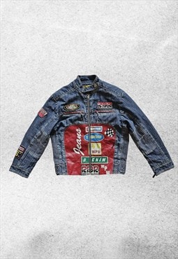 vintage y2k biker moto motocross printed denim jacket