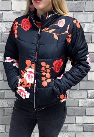 NAVY FLORAL HOODED PUFFA JACKET