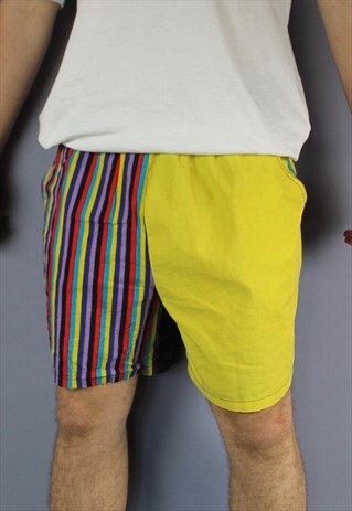 VINTAGE UNBRANDED SHORTS IN YELLOW WITH POCKETS, RAINBOW PAT