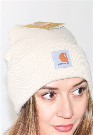 NEW CREAM RIBBED KNIT WIP CARHARTT WOOL LOGO BEANIE HAT