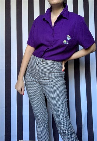VINTAGE 80S PURPLE SHORT SLEEVES LINEN SHIRT TOP, UK14/16