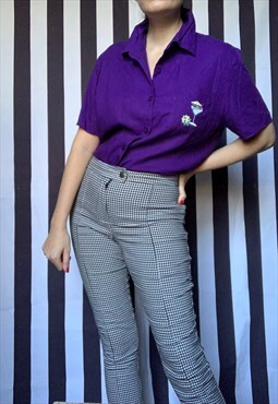 Vintage 80s purple short sleeves linen shirt top, UK14/16