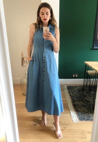 VINTAGE 90S LIGHT BLUE DENIM SHIRT MIDI DRESS