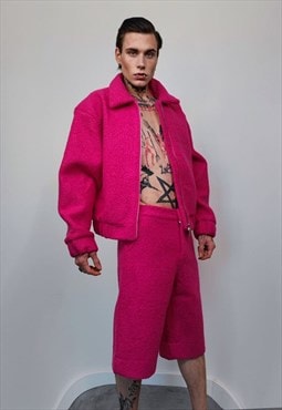 Neon fleece shorts woolen raver pants cropped overalls pink