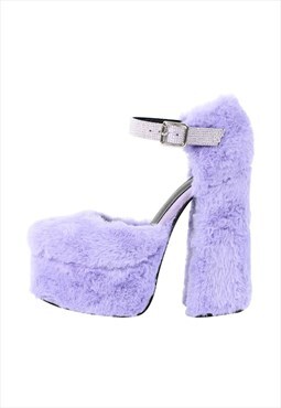 Chunky Heel Ankle Strap Fur Mary Jane Pumps