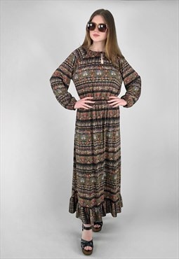 70's Vintage Black Folk Hippy Bell Sleeve Prairie Midi Dress