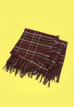 Vintage Square Fringe Scarf Plaid Pattern Brown Gold