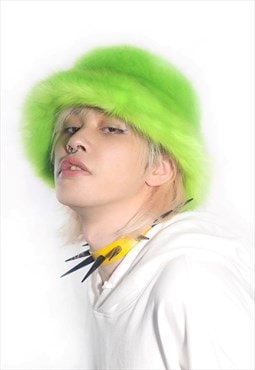 Festival faux fur bucket hat fluffy neon hat rave cap lime