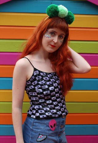 VINTAGE BLACK WHITE CHECKERED SEQUIN FESTIVAL CAMI TOP