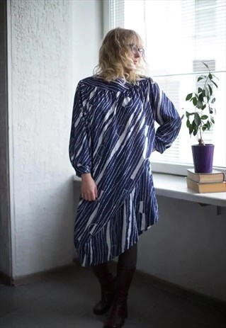 VINTAGE 80'S NAVY/WHITE PATTERNED MIDI DRESS