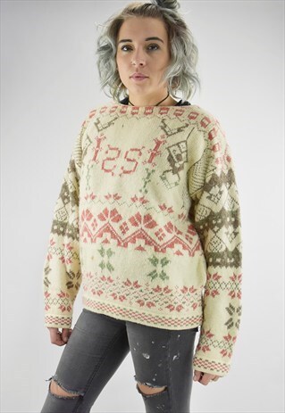 VINTAGE SISLEY WOOL JUMPER WITH GEOMETRIC PATTERN