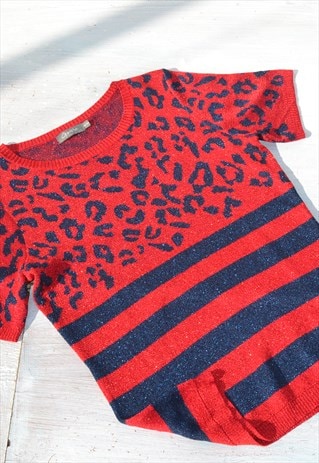 Vintage red/blue striped/animal lurex short sleeved knit top