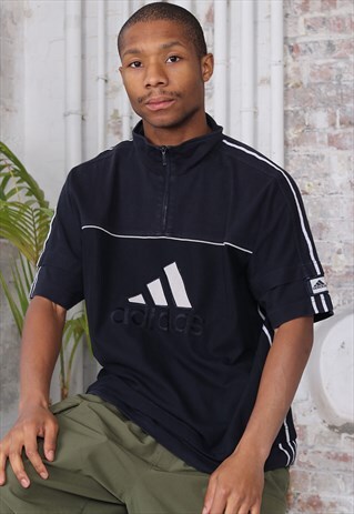 VINTAGE ADIDAS BIG LOGO 1/4 ZIP T-SHIRT NAVY BLUE