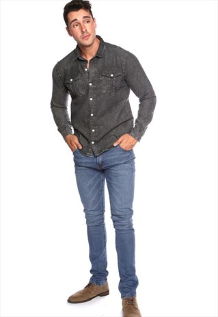 STYLISH DENIM CASUAL SLIM FIT SHIRT IN DARK GREY ACID WASH