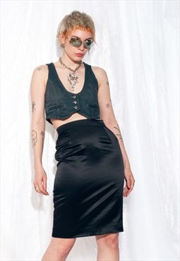 Vintage Ferre Skirt 80s High Rise Pencil Midi in Black Satin