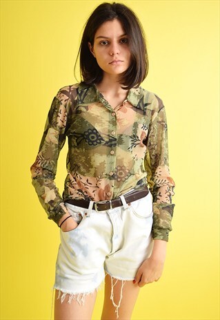 90'S RETRO MESH FLORAL PATTERN KITSCH MESH BLOUSE TOP