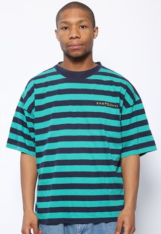 VINTAGE FILA LOGO STRIPED T-SHIRT GREEN AND BLUE