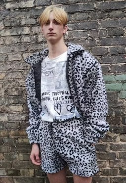 Leopard fleece shorts handmade animal print cargo overalls