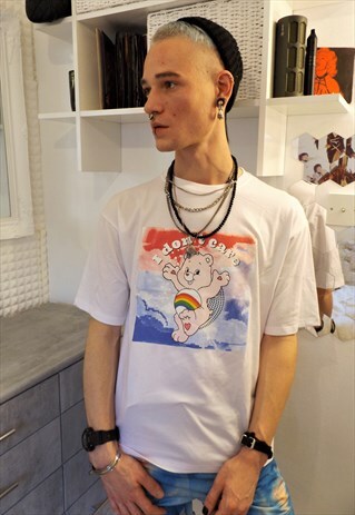 UNISEX BOX FIT TEDDY RAINBOW LGBT SUPPORT TEE IN WHITE