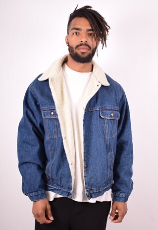 MENS VINTAGE SHERPA DENIM JACKET LARGE BLUE 90S