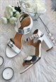 WHITE PATENT FAUX LEATHER HEELED SANDALS