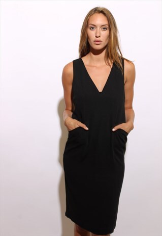 VINTAGE 1990'S 90'S DEEP V BLACK DRESS LBD WITH POCKETS S-M