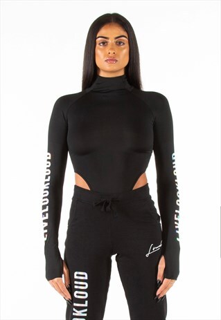 LOUD WOMENS BLACK HOLOGRAPHIC LONG SLEEVE BODYSUIT