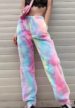 HIGH WAIST FLEECE RAINBOW FURRY PANTS