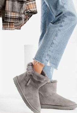 justyouroutfit Grey Faux Fur Lined Zip Ankle Boots