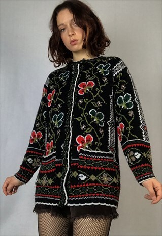 THICK KNIT CHUNKY FLORAL FAIR ISLE CARDIGAN