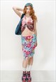 90'S VINTAGE RETRO FLORAL PRINT PENCIL SKIRT IN CYAN & PINK