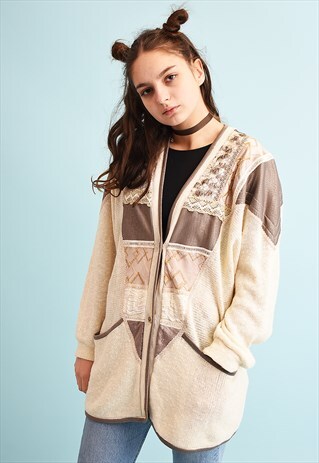 90'S RETRO NEUTRAL OVERSIZED KNIT EMBROIDERED MOMS CARDI
