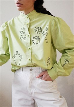 Hand embroidered pistachio green shirt with puff sleeves
