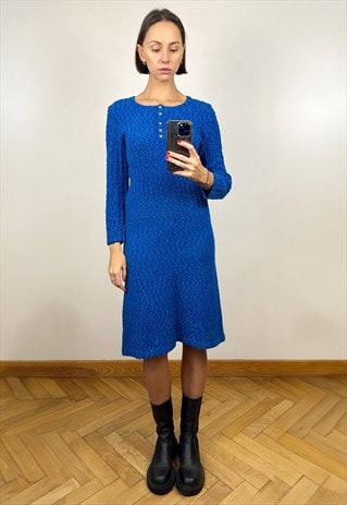 Vintage Blue Long Sleeve Knit Midi Dress